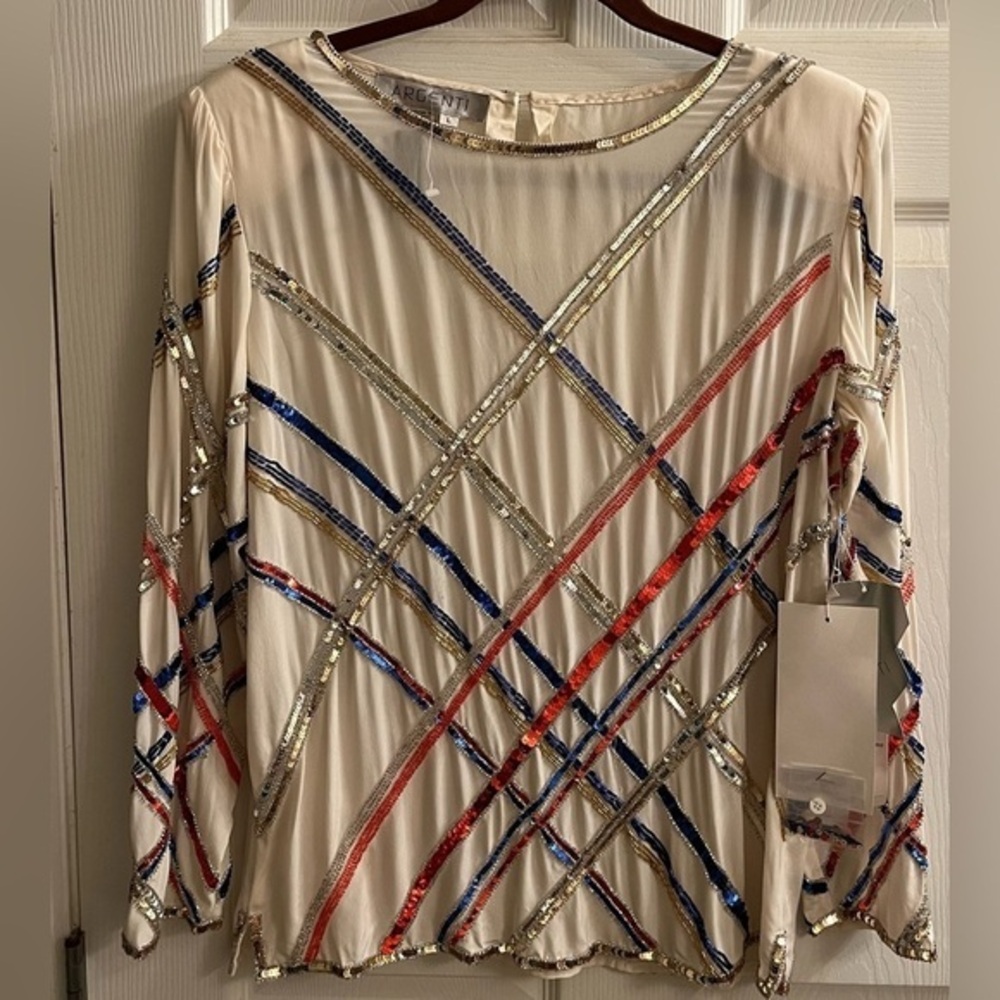 👌👌👌VTG~ARGENTI~CREAM BLOUSE~100% SILK-SEQUINS~LG~ NWT